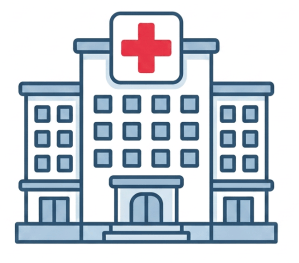 Illustration of a hospital building with a red cross on top
