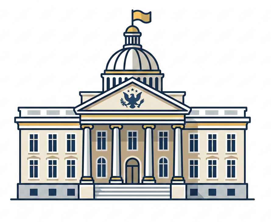 Classic government building with columns, dome, and flag