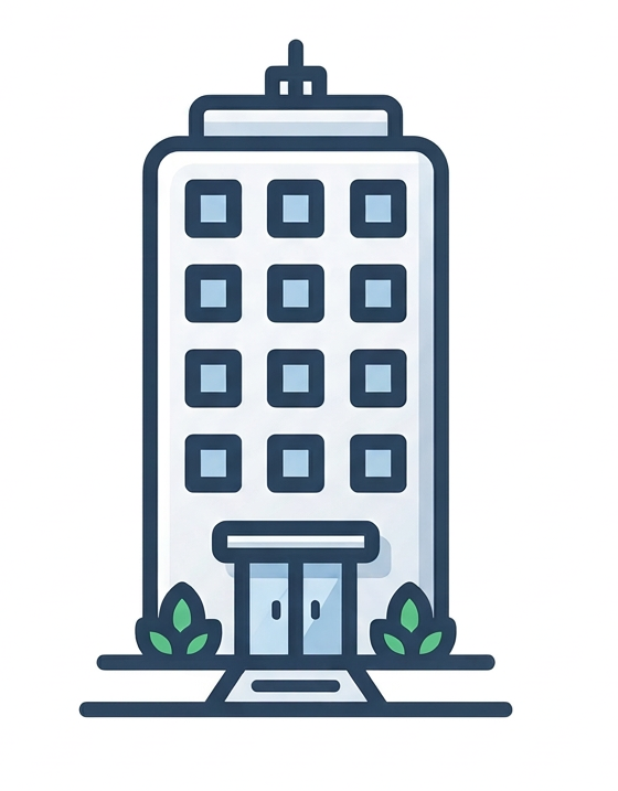 Icon of a six-story building with twelve windows and double-door entrance with plants