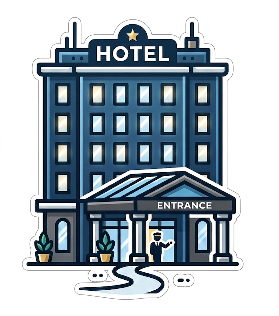 Icon of a multi-story hotel building with lit windows, entrance sign, and doorman standing outside